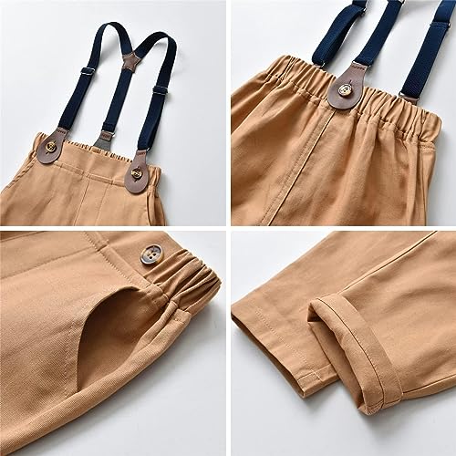 Sangtree Kids Boys' Tuxedo Outfit Clothes, 3 Pieces Button-Down Dress Shirt With Bow Tie + Vest + Pants Set Gentleman Clothing Boby, 1# Khaki, 18-24 Months = Tag 90 #TOP5