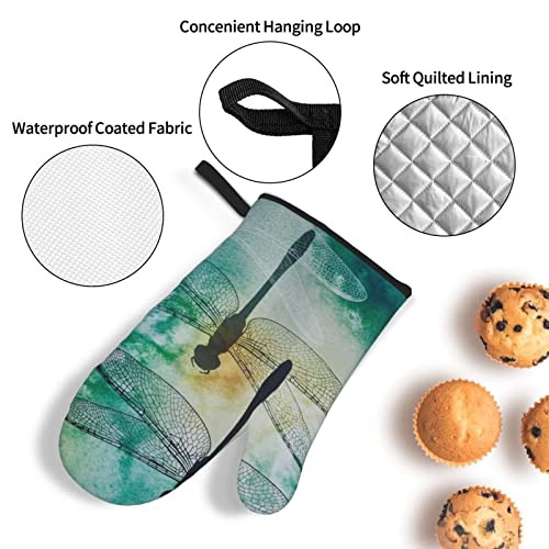 Oven Mitts And Pot Holders Sets Of 4 - Ink Dragonfly Printed Heat Resistant Bbq Waterproof Oven Gloves For Kitchen Cooking Baking Grilling #TOP2