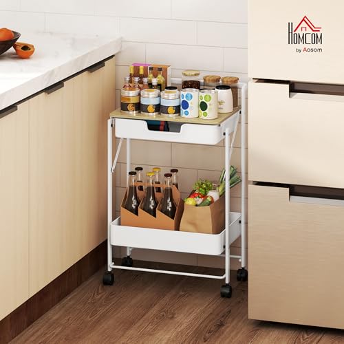 HOMCOM Carrito Auxiliar con Ruedas de 2 Niveles Carro de Cocina con 1 Cajón y 1 Cesta Carrito Organizador para Dormitorio Salón Oficina Blanco - imagen 2