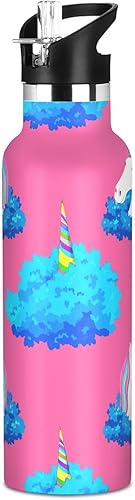 Water Bottle for Kids with Straw 20 Oz Bottle for Boys Girls, BPA-Free, Unicorn Blue Pink