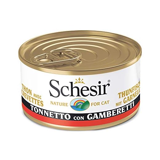 Schesir, Comida húmeda para Gatos Adultos, Sabor bacoreta con camarones en filetes y gelatina Blanda - Total 2 kg (24 latas monodosis x 85 gr)