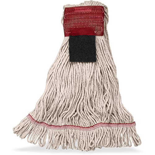 Image of SPARTA Flo-Pac Mop Head Loop-Ended, Wide Band with 5 inch Red Band with Scrubber for Organized Cleaning, Large, Natural, (Pack of 12)