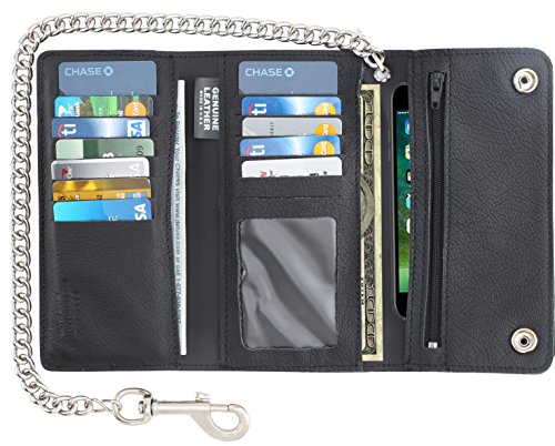 Image of RFID Blocking Men's Tri-fold Vintage Long Style cow Leather With Chain card holder Wallet,MADE IN USA