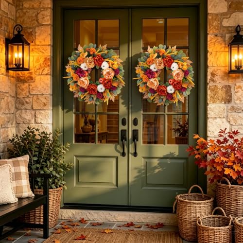 Image of 24 Inch Fall Wreaths for Front Door with Orange Peony and Burgundy Dahlias