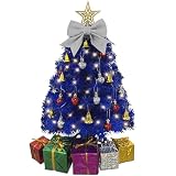 Pequeño árbol de Navidad azul con luces, mini árbol de Navidad de mesa de 23 pulgadas con luces LED de color blanco cálido, adornos colgantes, lazo decorativo y cajas de regalo, árbol de mesa para