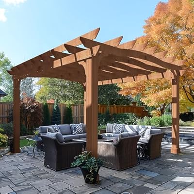 Yardenaler 12x14 FT Wooden Pergola, Cedar Wood Gazebo with Arched Roof, Outdoor Garden Shelter with Stakes Included, Patio, Backyard, Deck, Lawn