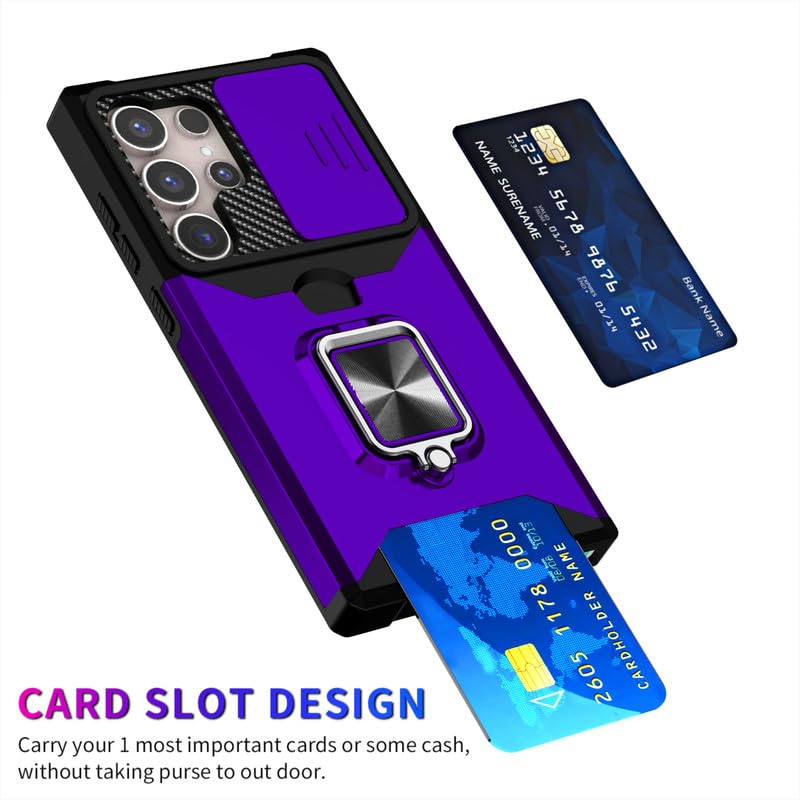 Image of LuxuryKase Shockproof Armor Case for Samsung Galaxy S24 Ultra | Slide Camera Cover | Hidden Card Slot | Rotating Ring Kickstand | Magnetic Car Mount Support | Military Grade Protection - Purple