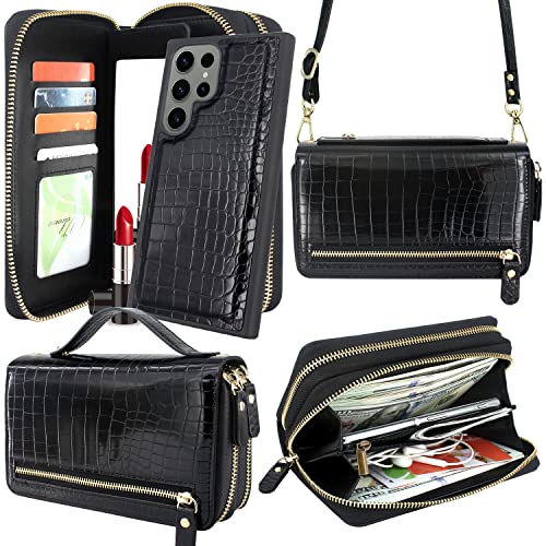 Harryshell Compatible with Samsung Galaxy S23 Ultra 5G (2023) Case Wallet Multi Zipper Detachable Magnetic Cover Purse Bag with Card Slots Holder Mirror Crossbody Wrist Strap (Crocodile Black)