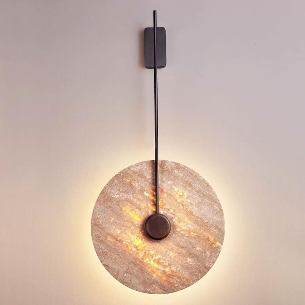 TONFON Round Yellow Travertine Wall Lamp LED Natural Stone Wall Sconce Vintage Farmhouse Wall Mounted Lamp for Bedroom Bedside Living Room Study Room Corridor Entryway Restaurant