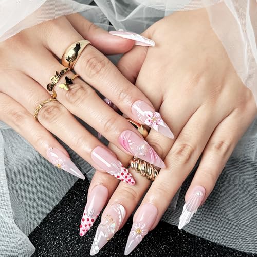 Petal Whisper 10PCS Long Pink Floral Gradient Press On Nails,