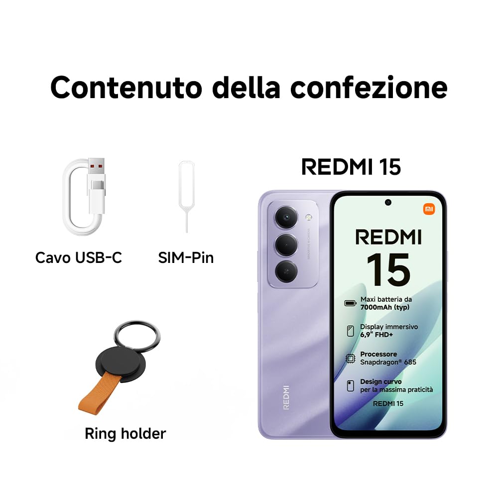 Xiaomi Redmi 15, Smartphone 8+256GB, DotDisplay FHD+ 144Hz da 6,9", Snapdragon 685, doppia fotocamera AI da 50MP, Batteria da 7000mAh, Garanzia di 2 anni, Viola, Caricabatterie non incluso