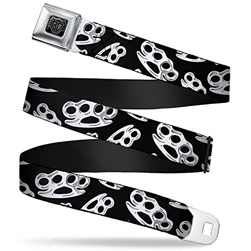 Buckle-Down Belt, Seatbelt Buckle Belt, Brass Knuckles Skulls Roses Black White, 32 to 52 Inches