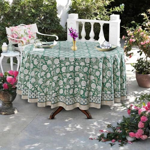 Ridhi Block Print Round Tablecloth Turquoise Moss Green 60 Inch 100% Cotton