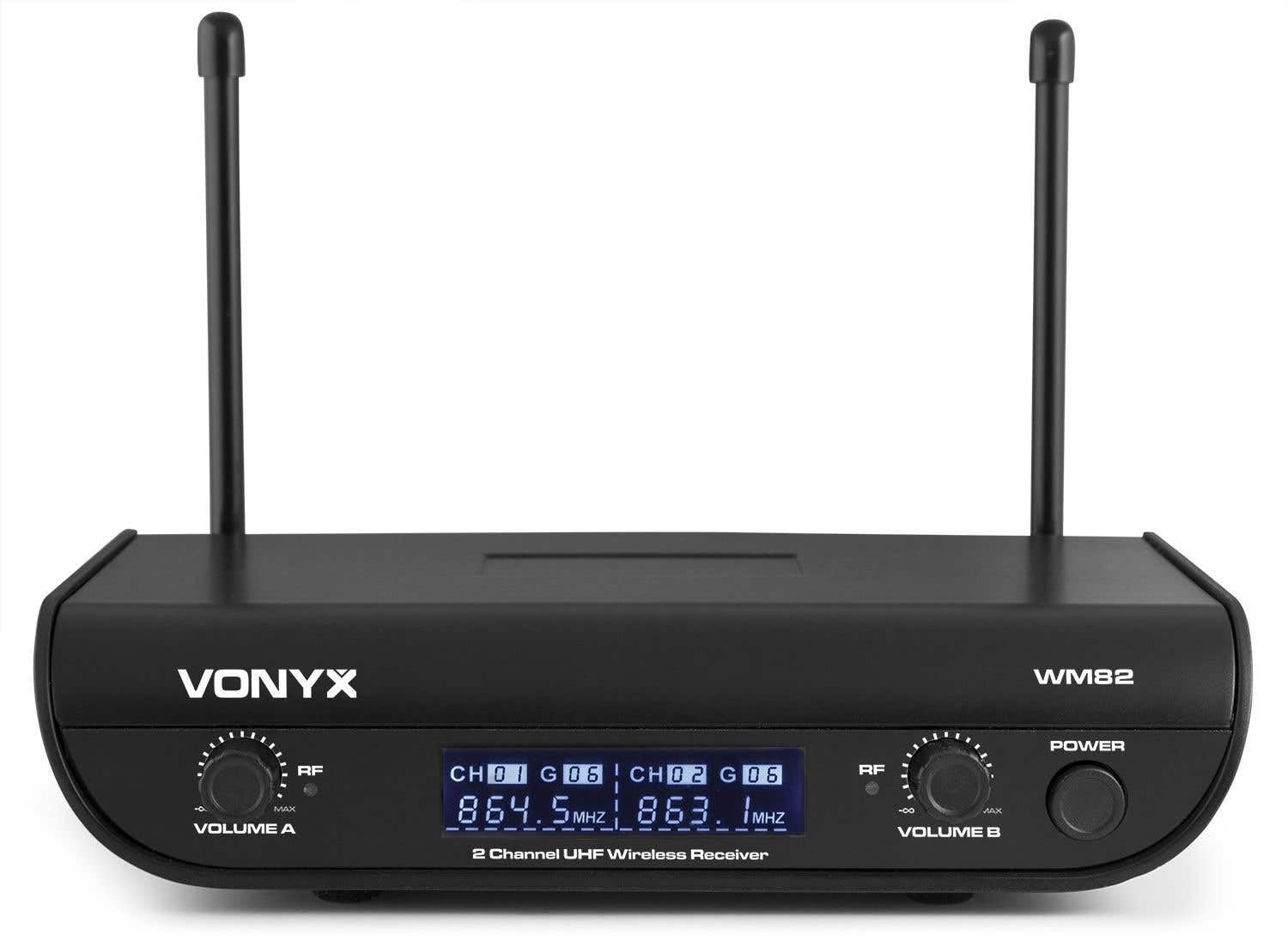 Vonyx WM82C Sistema de Micrófono Inalámbrico UHF 2 Canales con Receptor, Petaca, Micrófono de Mano, Diadema y Solapa, Señal Estable y Maletín de Transporte, Ideal para Eventos y Presentaciones