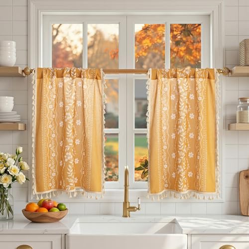 Image of MYSKY HOME Short Tiers Curtains 30 Inch Length Boho Floral Linen Blend