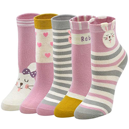ZFSOCK Socken Mädchen Hase Muster 35-38 Lila Kindersocken aus Baumwolle Lustige Tiermuster Teenager Sneaker Socken Gestreift Bunte Modern Elegant Niedliches Knöchelsocken 5 Paare