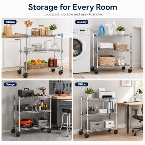 Image of Simple Deluxe 3-Tier Storage Shelves, 750 Lbs Loading Capacity, 24.02 inch W x 13.78 inch D x 21.97 inch H Shelving Unit for Garage, Pantry and Kitchen, Chrome