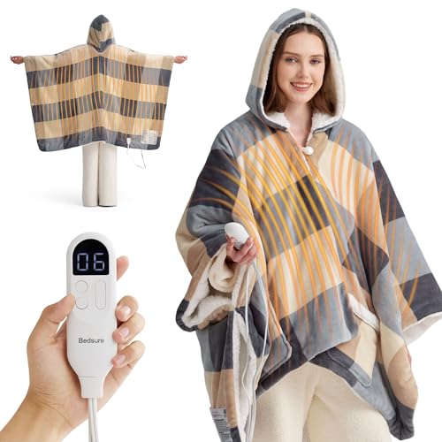 Bedsure Heated Blanket Wearable Shawl - Electric Wrap Poncho Blanket Hoodie Adult as Winter Gifts for Mom Women Girlfriend, Warm Sherpa Heating Throw, Auto Shut Off, 55x64 inches, Beige Plaid Pattern