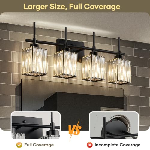 Image of Torondo Modern Crystal Bathroom Vanity Light 4-Lights Matte Black Bathroom Light Fixtures Over Mirror Matte Black Vanity Lighting Fixtures Square Shade Brass Wall Sconce (Bulbs Not Include)