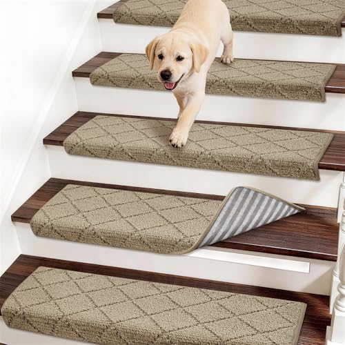 COSY HOMEER Bullnose Carpet Stair Treads, 14 Pack Peel and Stick Non-Slip Stair Treads for Wooden Steps Indoor, 11' x 30' Washable Pet Friendly Stair Runner with Edge Protection for Kids Elders, Taupe