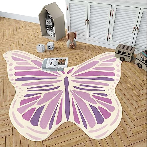 Image of Lukinbox Kids Rugs for Bedroom, Large Butterfly Nursery Area Rug for Playroom, Purple Kids Play Mat Non Slip Washable Shaped Carpet Super Soft Cute Baby Crawling Mat for Girls Living Room, 5' x 7'