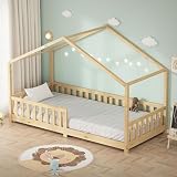 ML-Design Cama Infantil Casa 90x200 cm Madera Natural Maciza de Pino, Casita Estilo Montessori con Somier de Láminas, Techo y Protección Anticaída, Cuna Baja de Suelo para Niños, Litera Junior