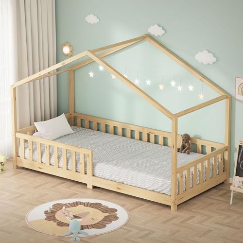 ML-Design Cama Infantil Casa 90x200 cm Madera Natural Maciza de Pino, Casita Estilo Montessori con Somier de Láminas, Techo y Protección Anticaída, Cuna Baja de Suelo para Niños, Litera Junior