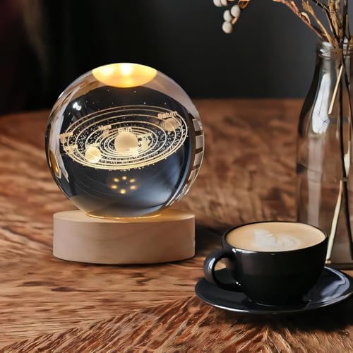Image of 3D Crystal Ball Night Light with Wooden Base, Aesthetic Clear LED Lamp for Home and Bedroom Touch Switch, Warm Light for Kids and Teens Perfect Birthday & Anniversary (Solar System)