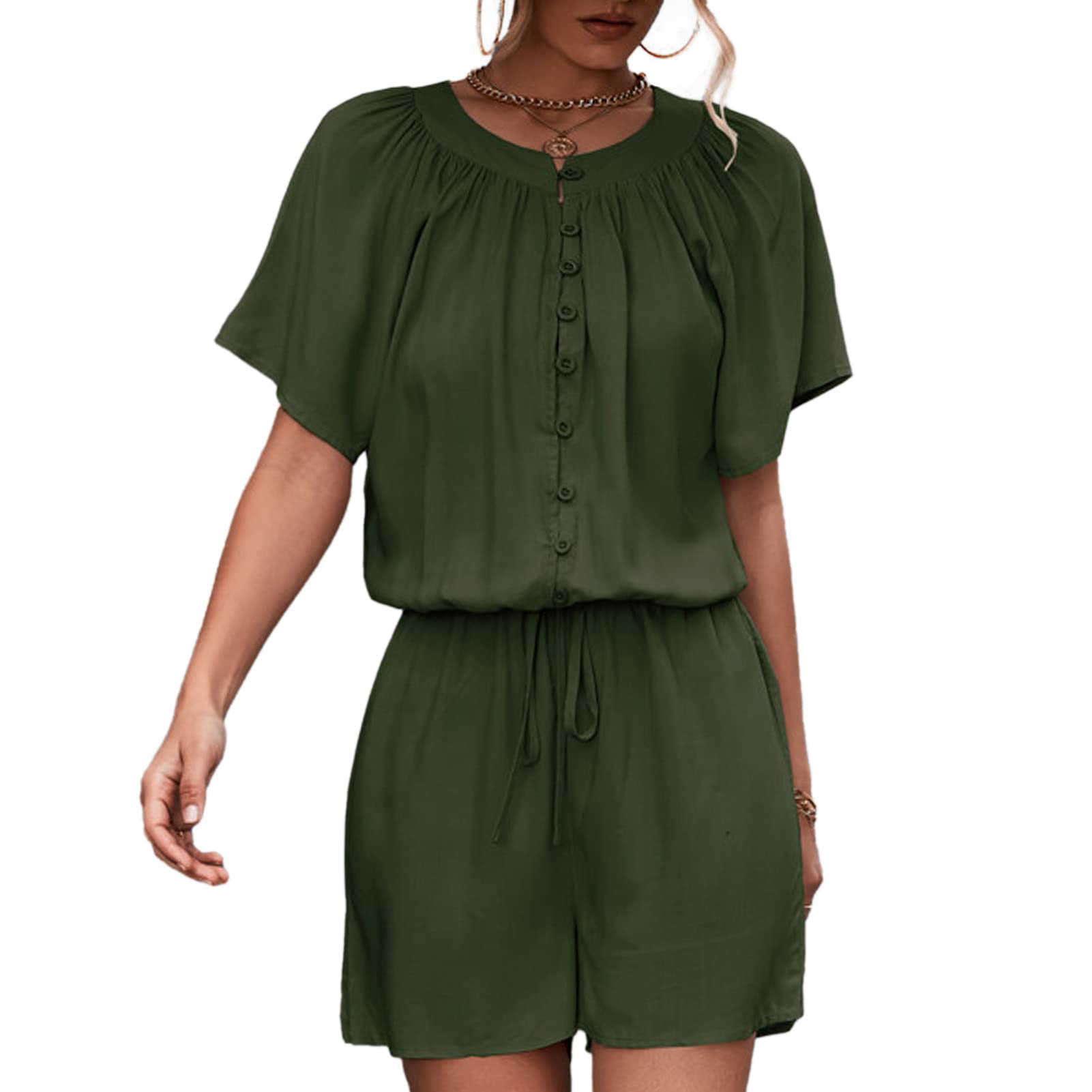 Ejoyous Monos de Manga Corta para Mujer, Mono de Verano para Mujer con Cinturón, Mono Suelto, Traje de Pantalón, Cuello Redondo, Ropa de Playa, Mameluco con Botones(S-Verde)