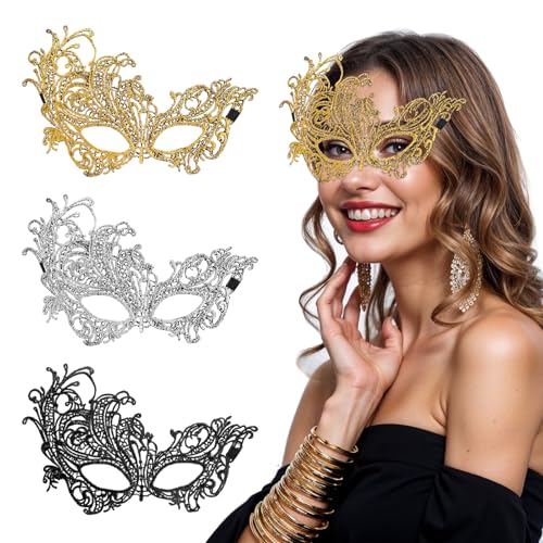 Wanmu 3 Pcs Masquerade Mask for Women, Fancy Dress Masks Lace Face Mask Mardi Gras Venetian Masks for Ball Party Venetian Masquerade Costume Halloween Party