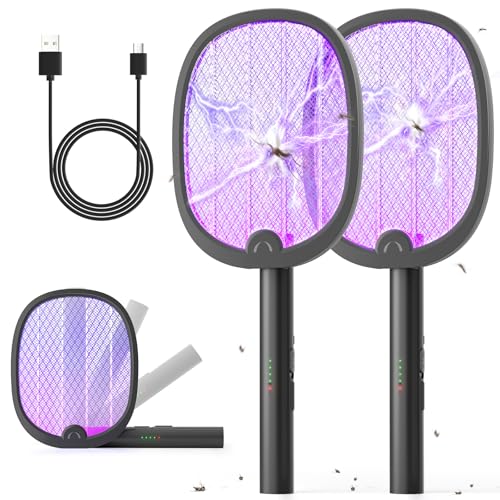 YISSVIC Raquette Electrique Insectes, 2PCS Raquette Anti Moustiques Pliable 4000V 1800mAh Tapette électrique Puissante Rechargeable avec Cable Chargement...
