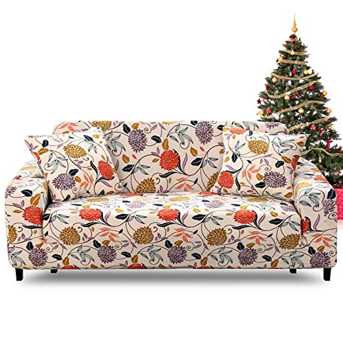Figooo Stretch Sofa Slipcover 1-Piece 4 Seater Printed Sofa Cover Spandex Oversized Sofa Couch Covers With 2 Pillowcases Universal Sofa Slipcovers Furniture Protector For Dogs Cats,Beige Flower #TOP8