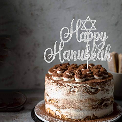 Silver Glitter Happy Hanukkah Cake Topper, Jewish Festival Cake Decor, Chanukah Holiday Party Decoration Supplies, Hanukkah Star Of David Decor #TOP3