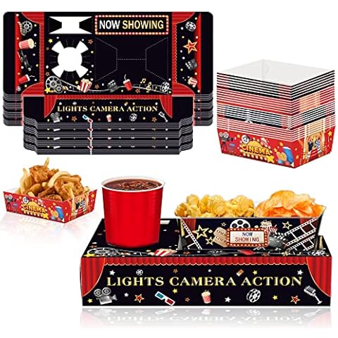 48PCS Movie Night Party Supplies Movie Night Snack Trays Boxes with Paper Food Trays, Disposable Movie Night Snack Trays Popcorn Food Drink Holder for Cinema Movie Birthday Party Cover