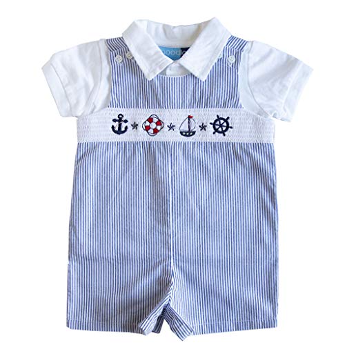 Good Lad Newborn/Infant Boy Blue Seersucker Smocked Shortall Set with Nautical Embroideries (6/9M)