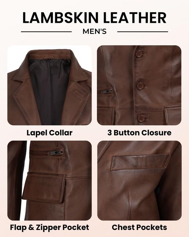 Image of Blingsoul Mens Leather Blazer Jacket - Real Lambskin Sport Coat with Notch Lapel Collar