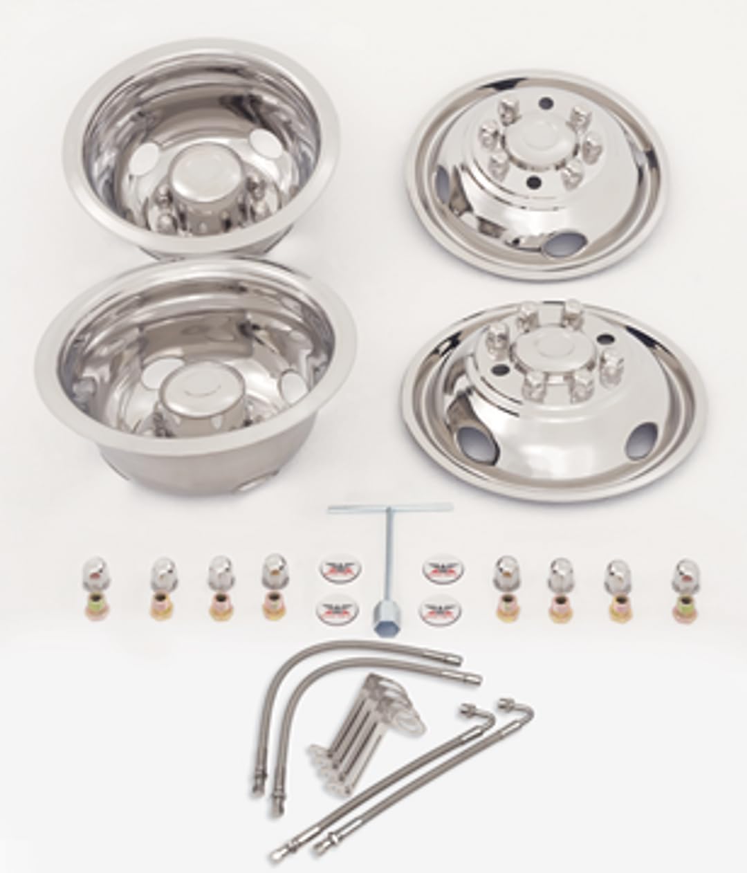 Wheel Simulator | D.O.T. Liner | Fits 16" 8-Lug Dual Wheels | stainless Steel | Bolt-On | Set of 4 | Includes Hose Valve Stem Extensions, Brackets, Mounting Hardware| Compatible With 08-14 Ford E-350