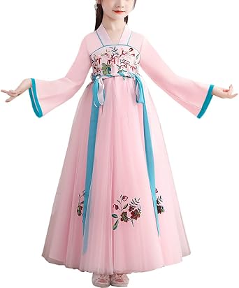 Girls Ancient Hanfu Dress Chiffon Chinese New Year Traditional Tang Suit Floral Embroidery