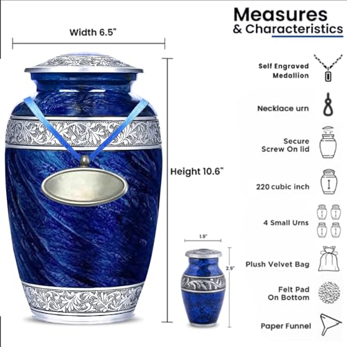 Image of Blue Urns Set of 6 Funeral & Cremation Urns for Human Ashes Adult Man /Woman with 1 Large Blue Urn for Ashes Adult Male with a Customizable Medallion & Ash Necklace with 4 Matching Small Urns