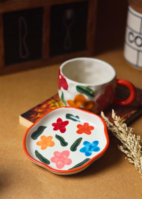 Image of WEAVING HOMES Handcrafted Ceramic Brightday Mug & Dessert Plate (Set of 2, Multicolor) - Coffee Mugs and Dessert Plates for Birthday Gifts, Mugs for Office and Travel