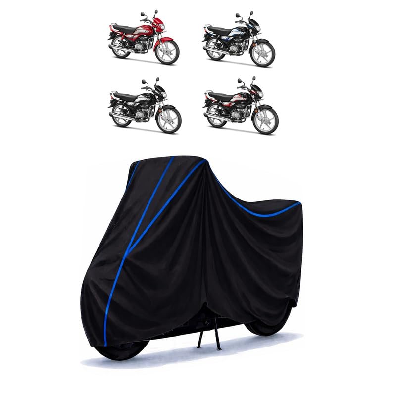 Image of Hero Deluxe HF 100 Bike Cover Water Resistant Universal Motorcycle Rain | Heavy Duty UV Protection, Dust, Scratch Indoor Outdoor All Weather with Black Blue Piping Elastic