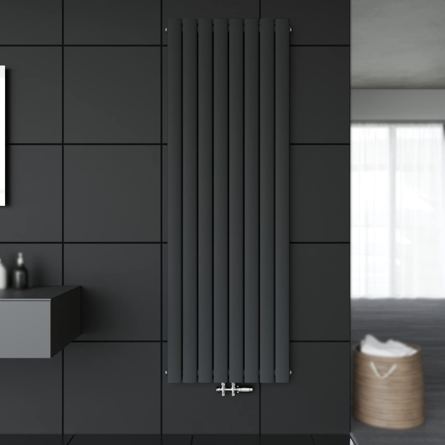 SONNI Grzejnik panelowy, pionowy, grzejnik płaski, antracyt, dwuwarstwowy, 1800 x 616 mm, grzejnik z białym blokiem kranu, grzejnik z termostatem