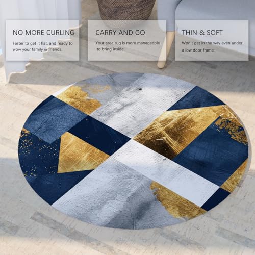 Tapis abstrait industriel chic rond 80cm bleu or blanc de salon - 5