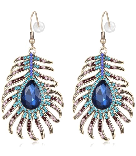 Frogwill Womens Crystal Hook Earrings Sparkling Rhinestone Peacock Feather Dangle Earrings - Main Image