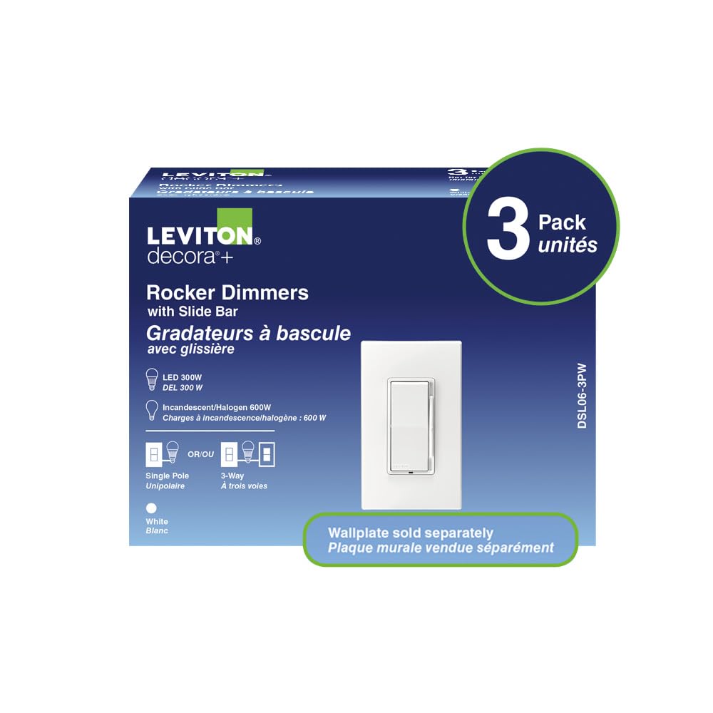 Leviton Decora 600W Universal Dimmer – Single-Pole/3-Way Slide Rocker, 3-Pack