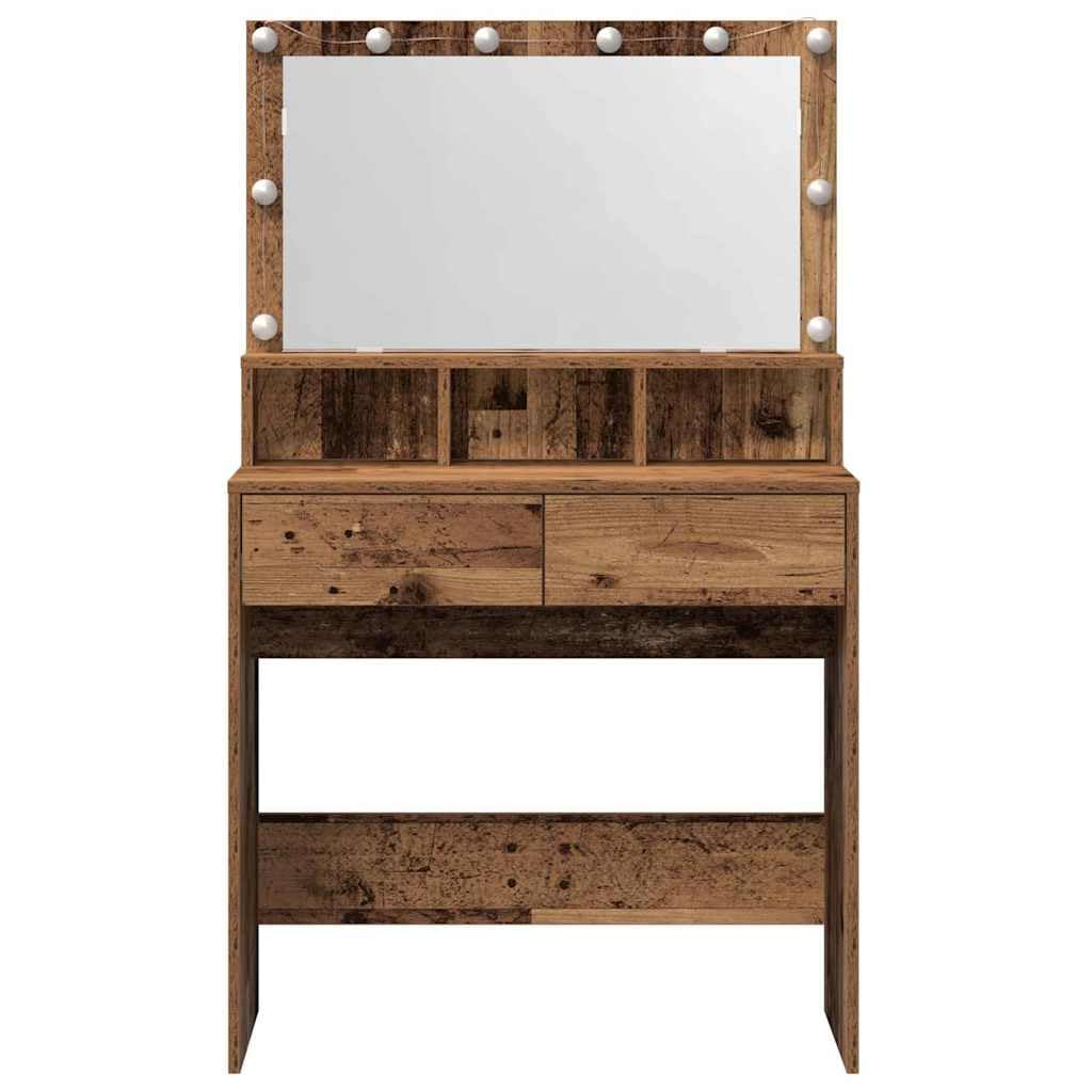 Tavolo da trucco in legno ingegnerizzato legno vecchio con specchiera e luci LED USB 80 x 41 x 134,5 cm, 2 cassetti ampio spazio, mobiletto consolle per camera da letto donna ragazza