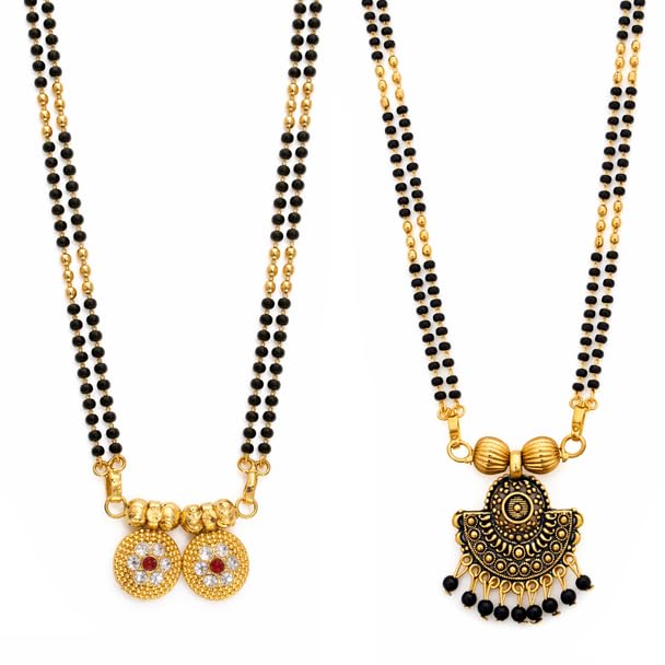 Gold Plated Mangalsutra Combo Pack of 2 for Women – Traditional Black Beads Chain with Stone Vati Pendant & Antique Temple Pendant | Elegant Regular Use & Special Occasion Jewellery-image-12