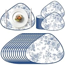 100 Pcs Blue Floral Paper Placemats 16.5" x 13" Pebble Shape Floral Paper Placemats Disposable Chinoiserie Flower Place Mats for Dinner Table Setting Wedding Baby Shower Bridal Tea Party Decor
