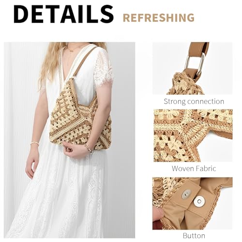 Image of Straw Hobo Bags for Women Vintage Straw Tote Bag Summer Beach Shoulder Bag Designer Beach Bag Summer Handbag (Khaki-adjustable Strap)