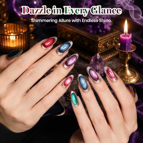 Image of Beetles Cat Eye Gel Nail Polish Set, Tarot Reverie 6 Colors Fall Nail Gel | Glitter Gel Nail Kit Ruby Red Pink Purple Navy Blue Emerald Green Black Magnetic With Magnet Soak Off UV Gift for Women